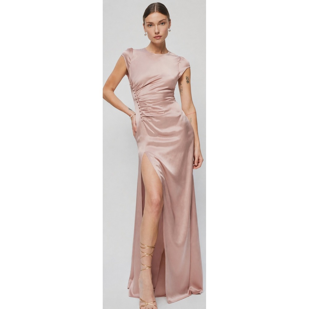 Reformation Birch Silk Maxi Dress Champagne Rose Ruched Side Slit Cap Sleeve 4